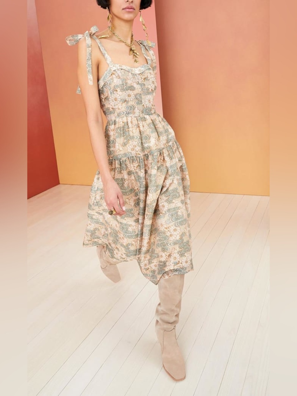 Ulla Johnson Minerva‎ Midi Dress Willow Organza Corset Top Boning Floral Size 4